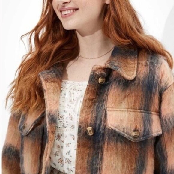 American Eagle Brushed Plaid Oversized Shacket Coat - Picture 2 of 6